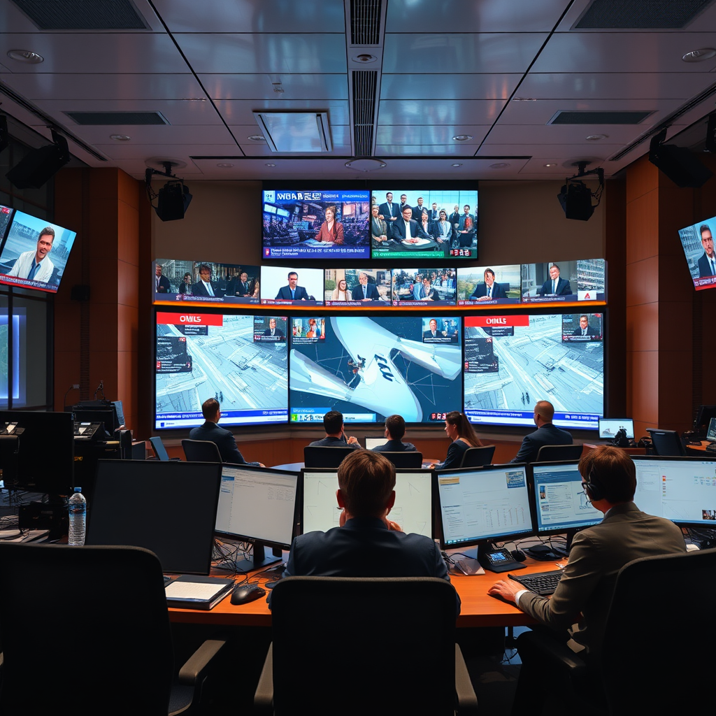 Modern newsroom with journalists working at computers and large screens displaying news feeds