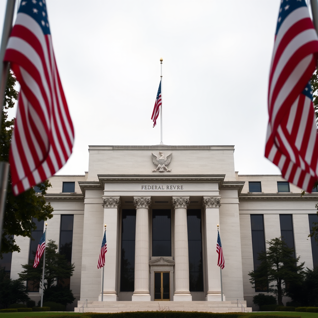 Federal Reserve building in Washington DC with American flags, showing the imposing neoclassical architecture where monetary policy decisions are made
