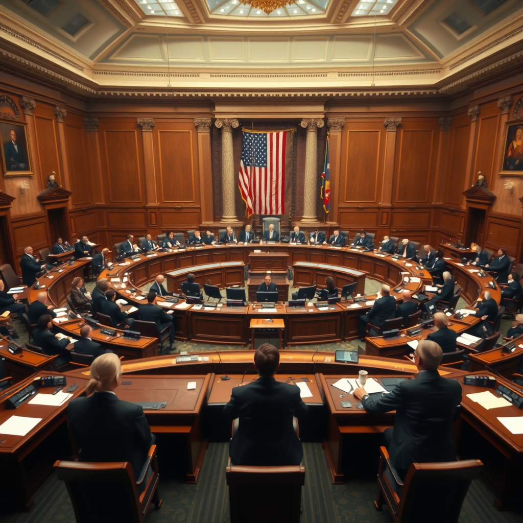Congressional hearing room with lawmakers seated at curved desks facing witness tables, with American flags and formal government chamber architecture visible in the background