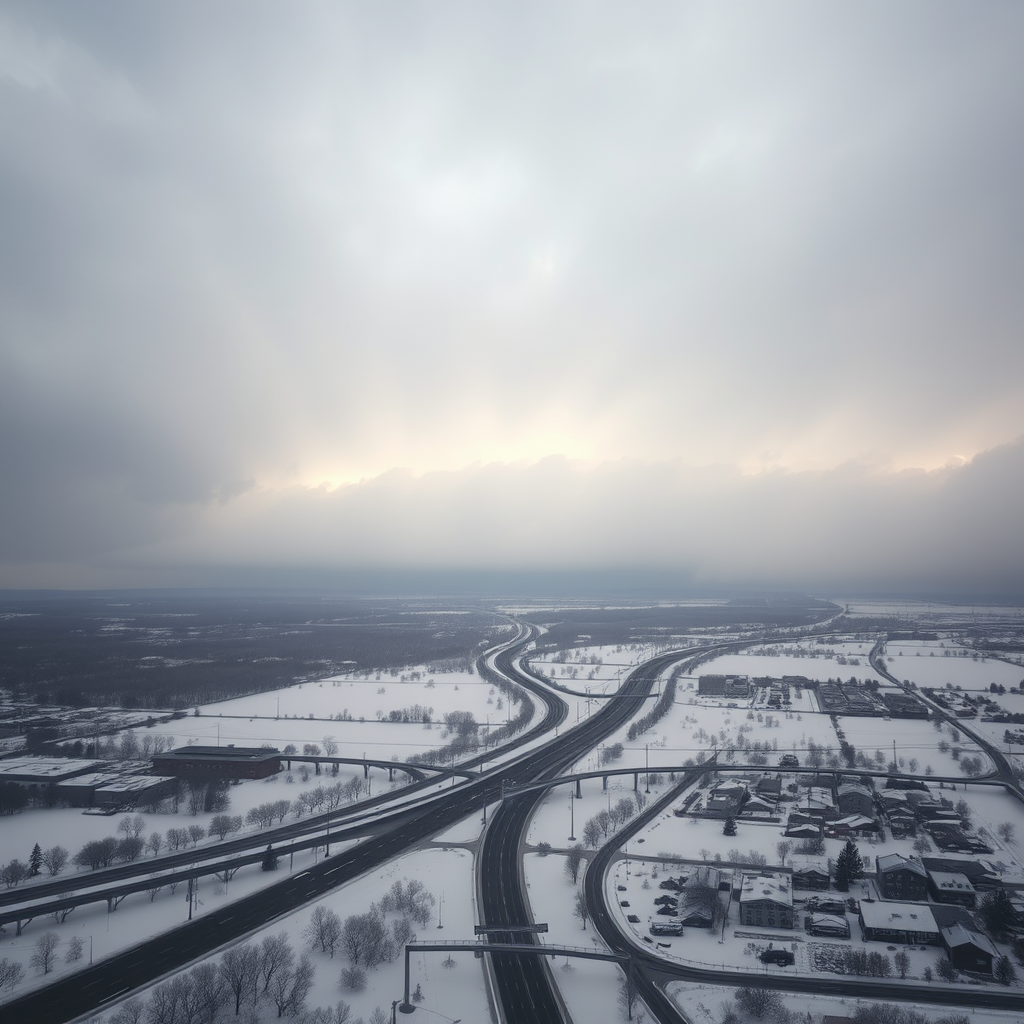 Massive winter storm clouds gathering over snow-covered Midwest landscape with heavy snowfall beginning to blanket highways and residential areas