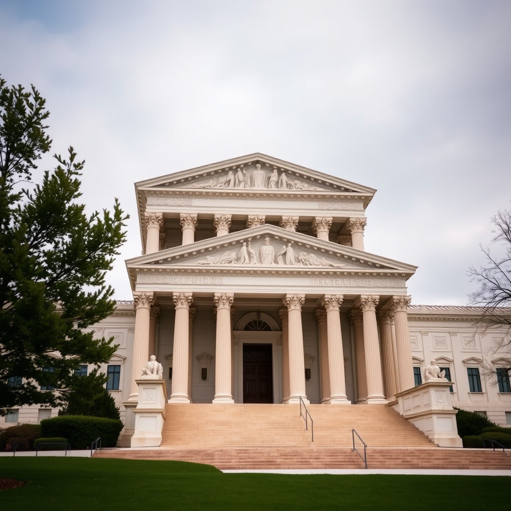 The United States Supreme Court building with its iconic neoclassical columns and steps, representing the highest judicial authority in America where landmark cases on constitutional rights are decided