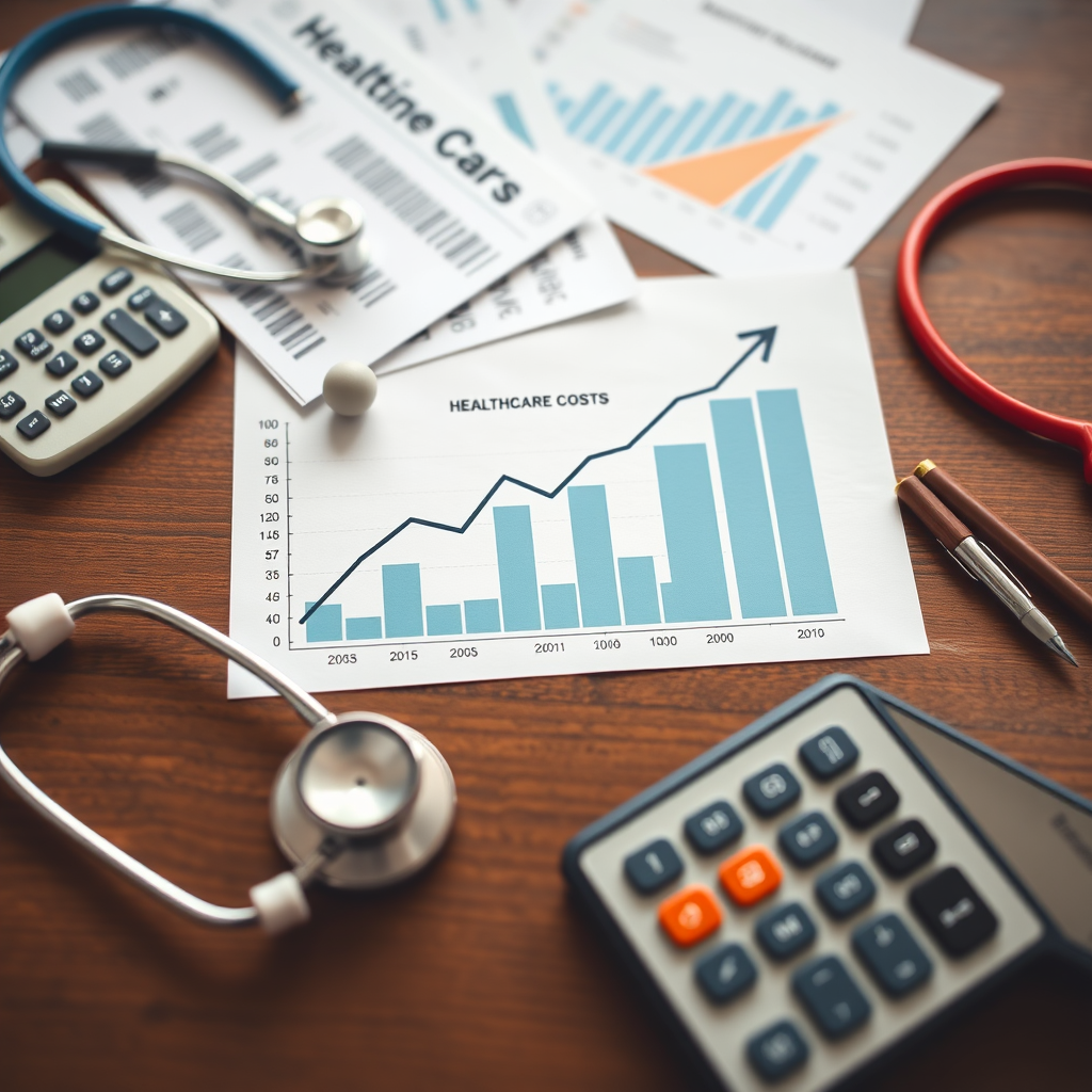Healthcare costs rising chart showing medical bills, stethoscope, and calculator on a desk with financial documents and graphs displaying increasing healthcare expenses over time
