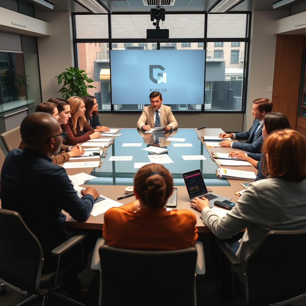 Professional newsroom team meeting around conference table discussing editorial strategy