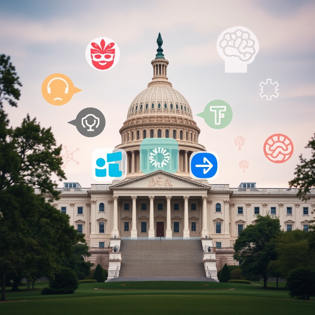 US Capitol building with technology company logos and AI symbols, representing congressional oversight of major tech companies and artificial intelligence regulation