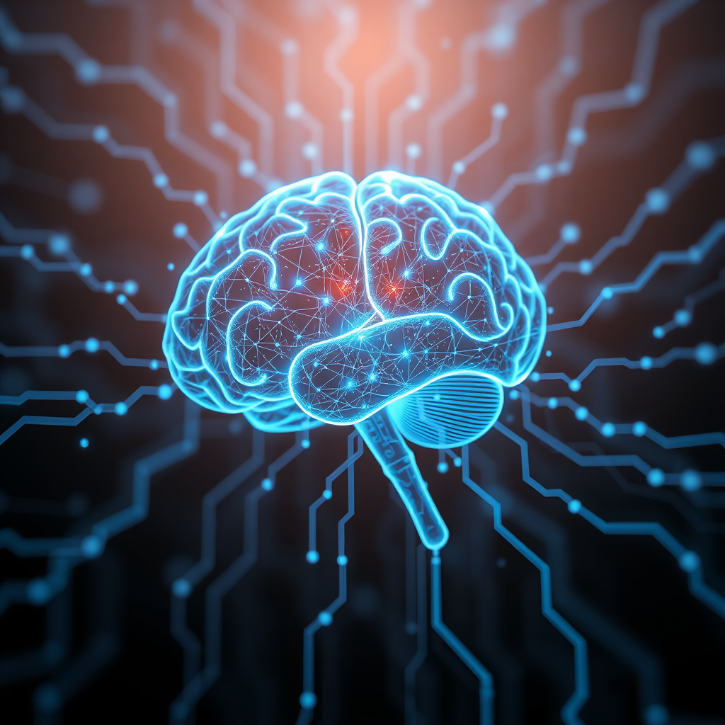 Abstract visualization of artificial intelligence with neural network patterns, digital brain imagery, and glowing blue circuit connections representing AI technology development