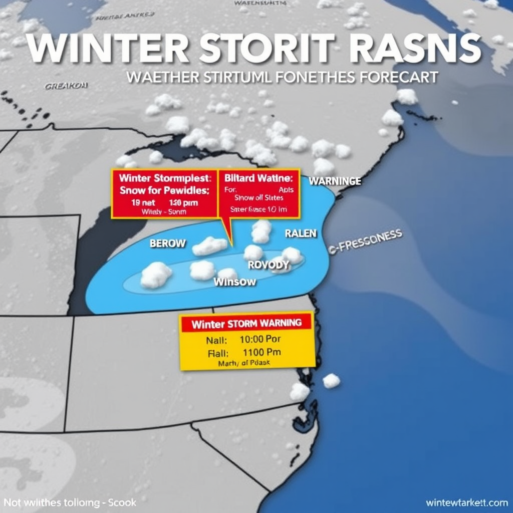 Weather map showing winter storm warnings and blizzard watches across the Midwest and Northeast United States with snow accumulation forecasts