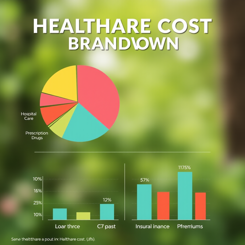 Infographic showing healthcare cost breakdown with pie charts and bar graphs illustrating the distribution of medical expenses including hospital care, prescription drugs, and insurance premiums