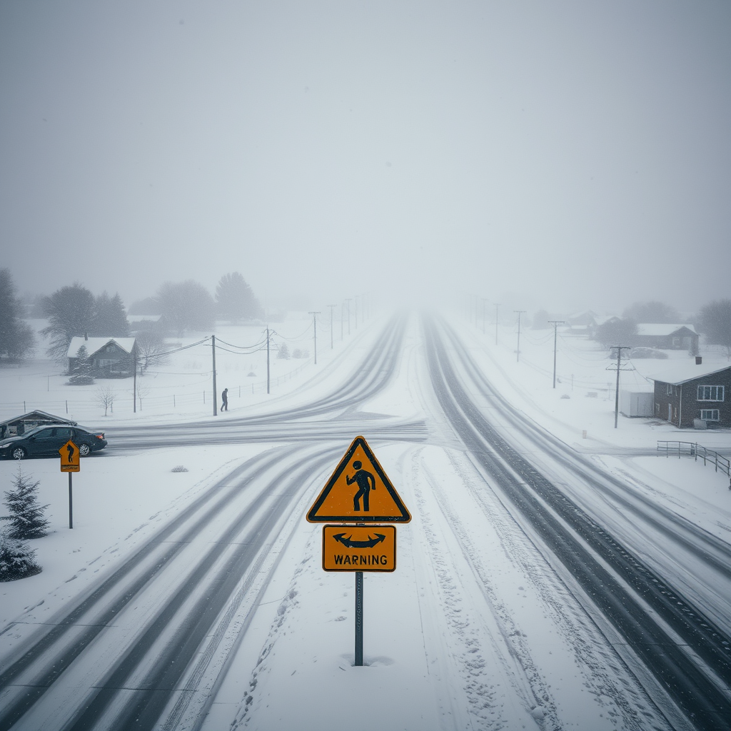 Dramatic winter storm scene with heavy snowfall covering American Midwest landscape, showing snow-covered roads, houses, and warning signs indicating dangerous weather conditions