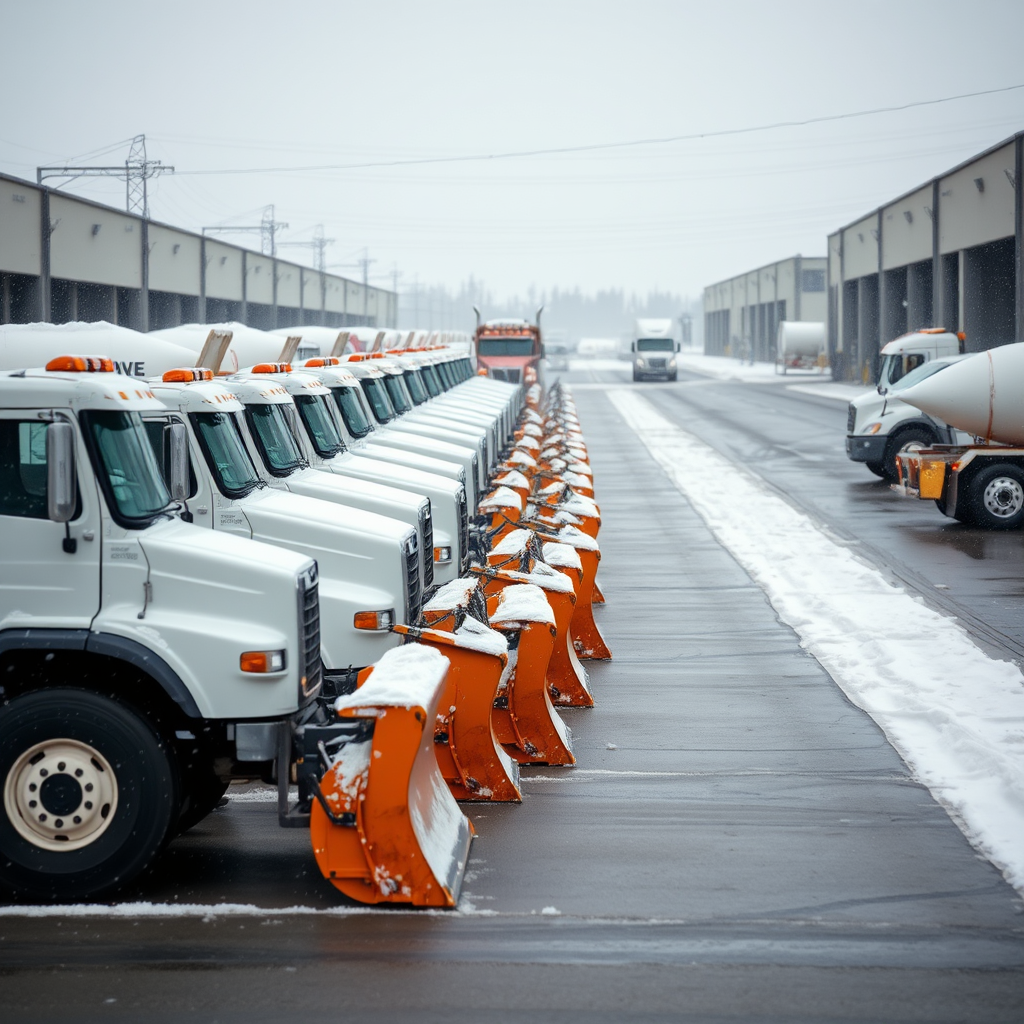 Snow plows and salt trucks lined up at highway maintenance facility preparing for major winter storm response operations