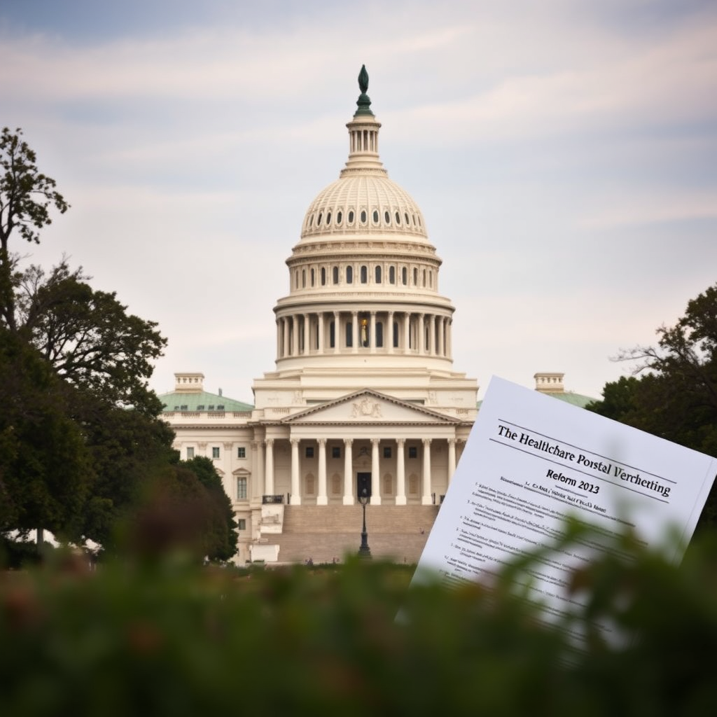 Capitol building in Washington DC with healthcare policy documents and reform legislation papers in the foreground, symbolizing government efforts to address healthcare costs