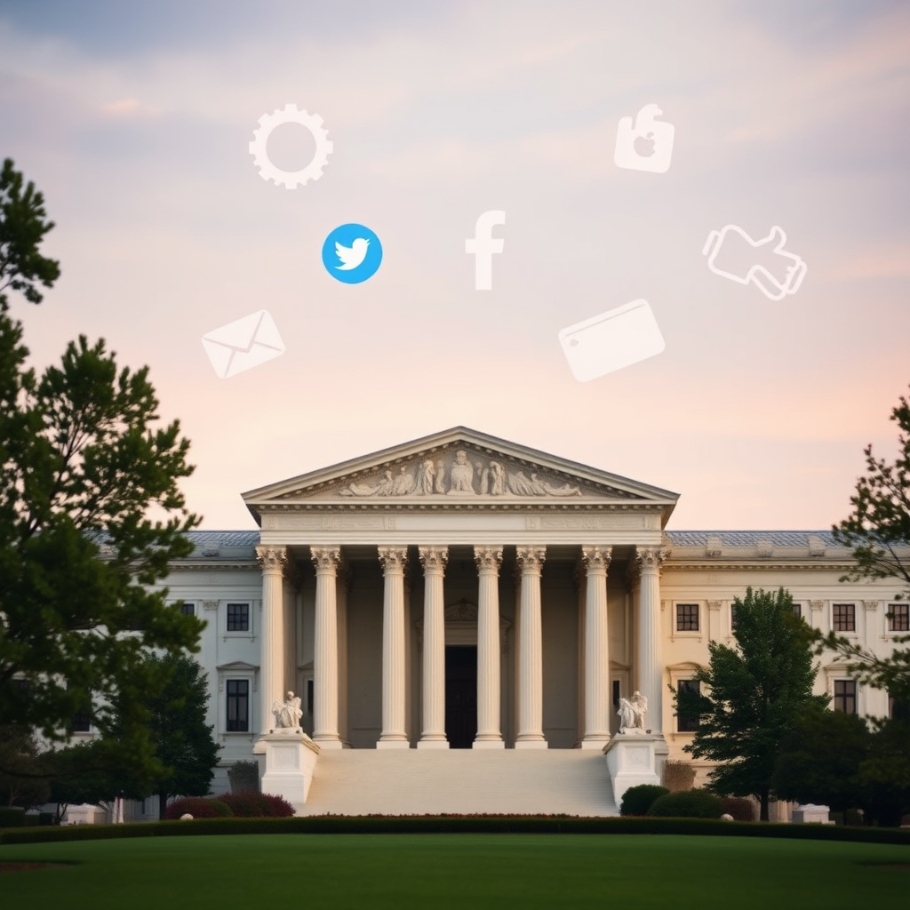 Supreme Court building in Washington DC with social media icons and constitutional symbols, representing the landmark case on content moderation and free speech rights