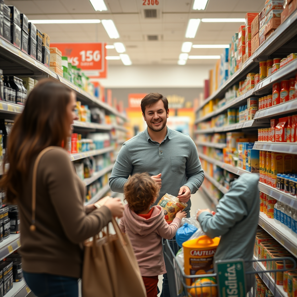 Families shopping for emergency supplies at grocery store with shelves showing increased demand for batteries, water, and non-perishable foods