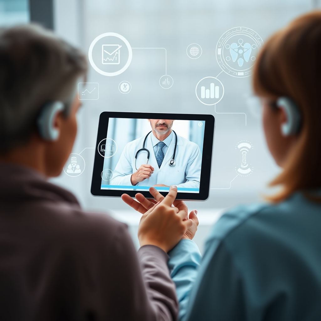 Futuristic healthcare technology showing telemedicine consultation on tablet, digital health monitoring devices, and AI-powered diagnostic tools representing the future of cost-effective healthcare delivery