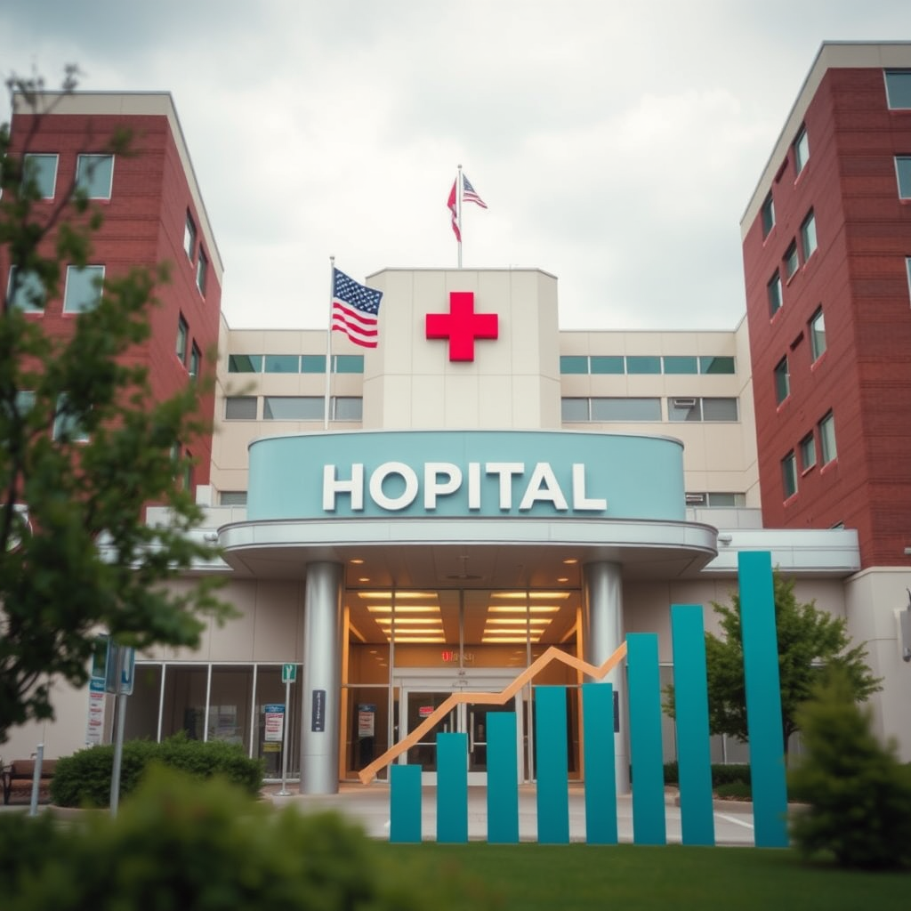 American hospital and medical facility with dollar signs and rising cost charts, illustrating the ongoing healthcare affordability crisis affecting American families